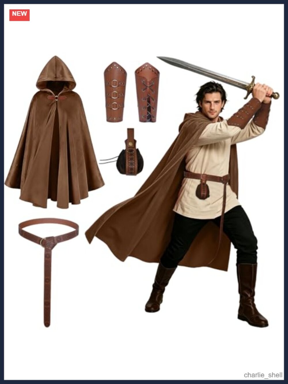 Medieval Hooded Cloak Renaissance Costume Set Belt Pouch Bracers LARP Halloween